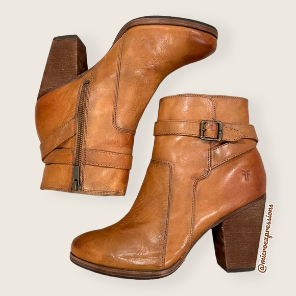 $379 Frye Patty Tan Brown Leather Belt Cute Almond Toe Fall/Winter Ankle Booties - Picture 9 of 16